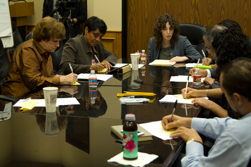 Liz Magic Laser, Tell Me What You Want to Hear, workshop documentation, February 2013. Left to Right: Sue Lovell, Linda Lorelle, Liz Magic Laser, Felipe Campos, Mustafa Tameez, Lizette Garcia, Maurice Duhon. PHOTO: DIVERSEWORKS.